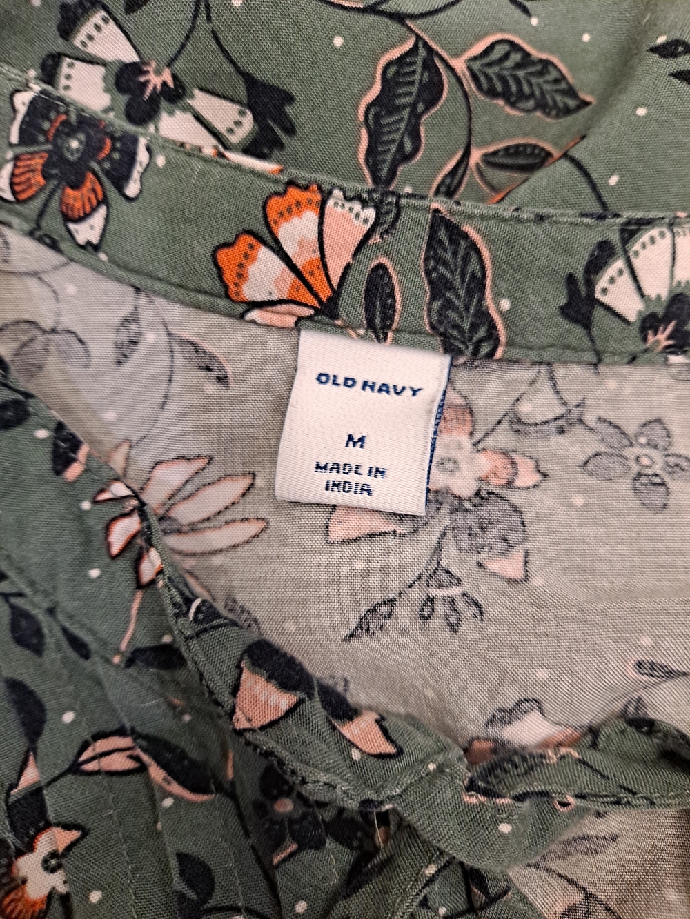 Old Navy Olive Green White Black Floral Mini Dress Boho Pleated Sleeveless - Picture 7 of 10